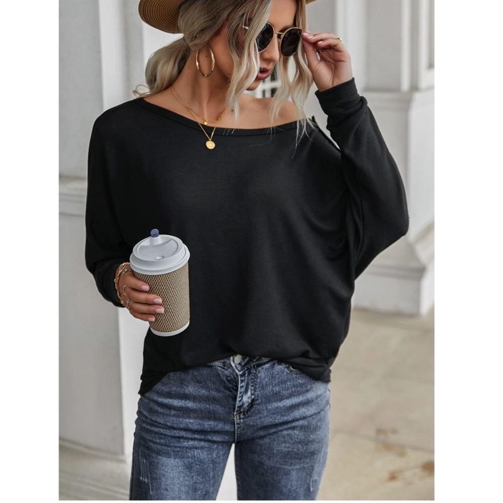 Black Long Sleeve Boat Neck Tee Shirt Button Detail - Picture 5 of 7
